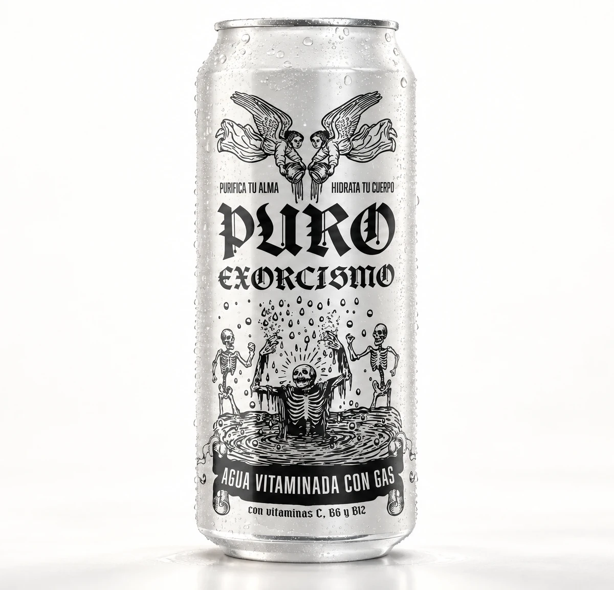 Campaña PURO EXORCISMO — lata sobre fondo claro