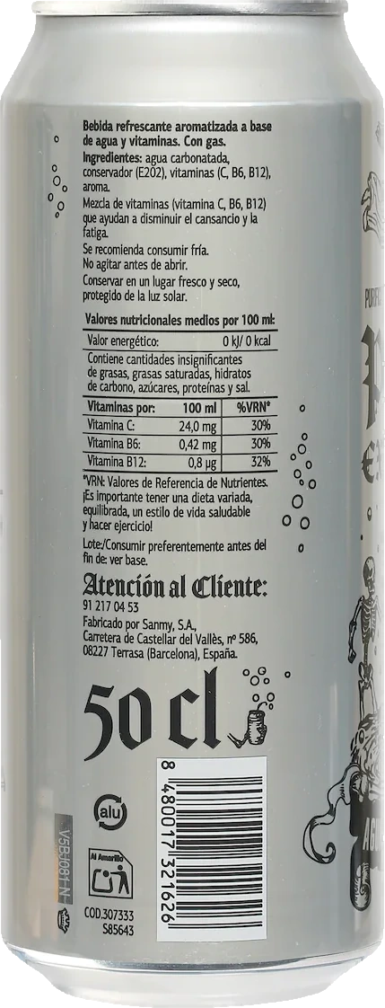 Etiqueta trasera oficial — Lata oficial de PURO EXORCISMO — agua vitaminada con gas, 50 cl